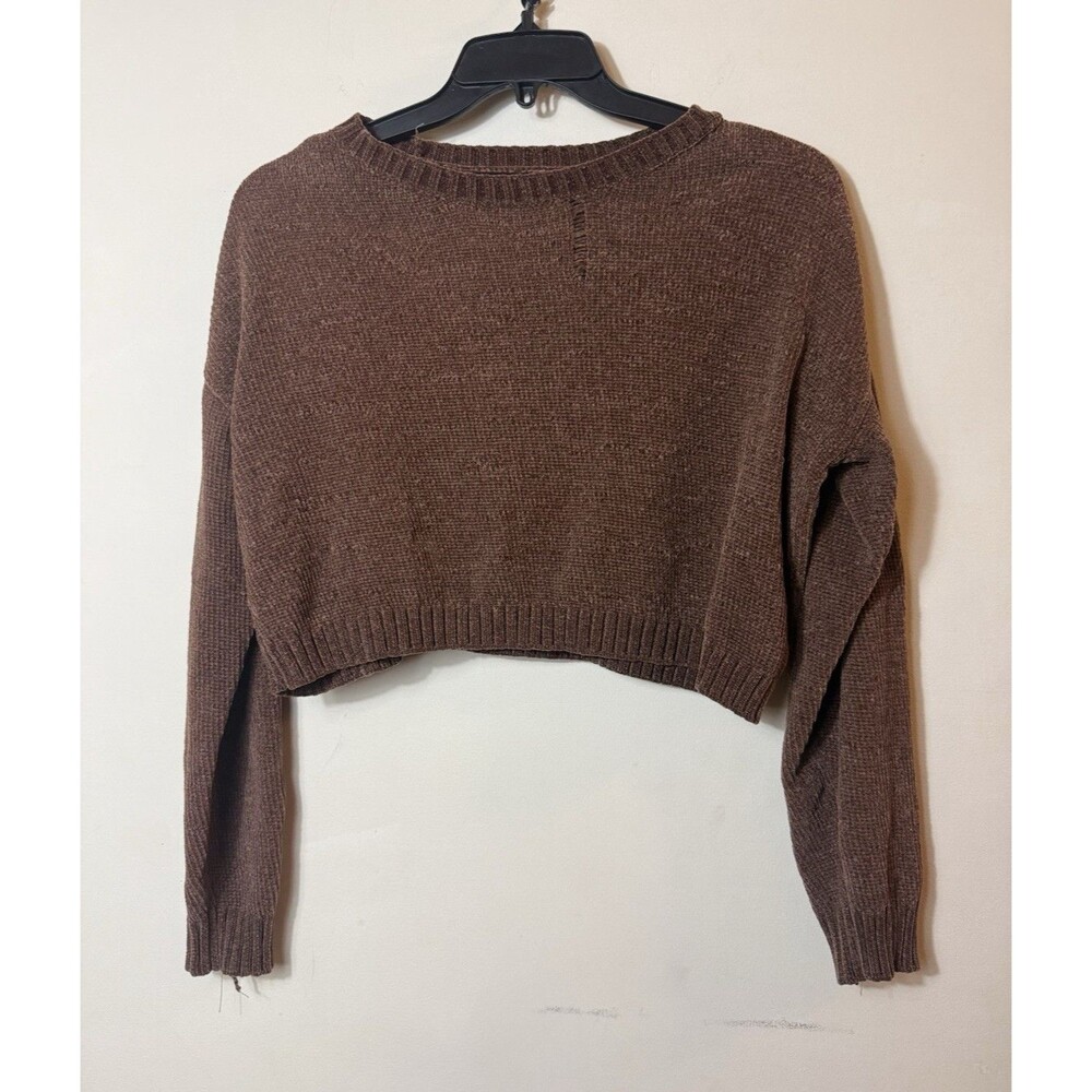 Social Scene Women’s M Brown Solid Knit Cropped Crewneck Long Sleeve Sweater
